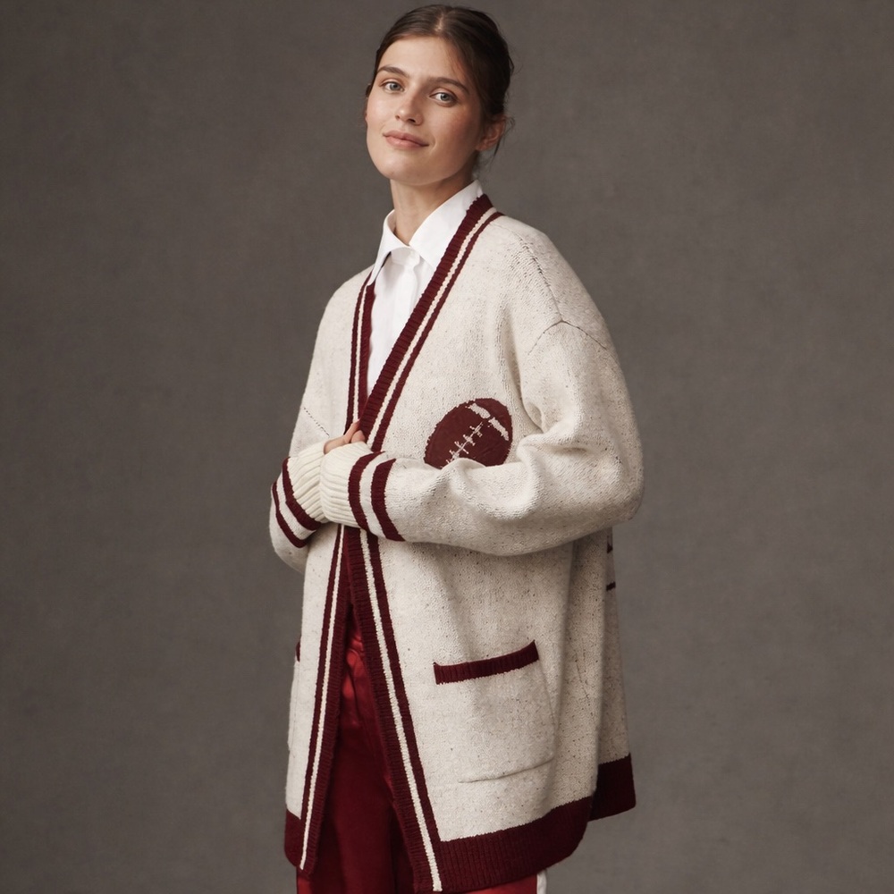 Anthropologie Flat White Game Day Football Cardigan Sweater | One Size NWT - Picture 2 of 10